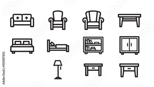 Collection of black outline furniture icons including sofa armchair bed table lamp and cabinet