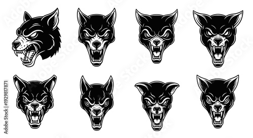 Set of eight aggressive wolf head illustrations in black and white.
