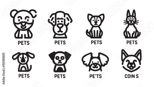 Collection of Cute Pet Icons with Simple Line Art Style