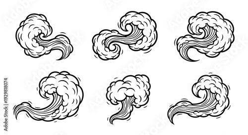 Set of Hand-Drawn Smoke and Steam Clouds in Engraving Style.