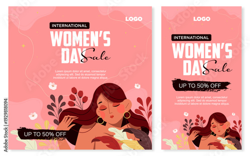 International Women's Day Sale Banner Bundle, Square and Stories Template with Beautiful Woman Illustration and Floral Background