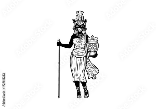 Stylized black and white illustration of an anthropomorphic raccoon goddess holding a staff and an ornate jar.