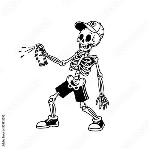 Skeleton wearing a cap and shorts, spraying graffiti with a can.