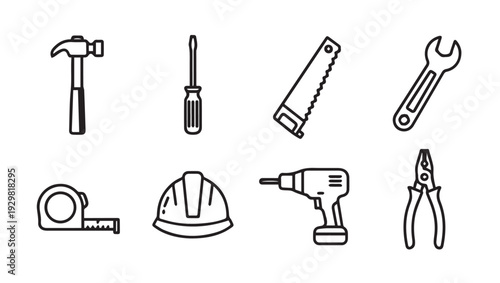 Collection of Hand Tools and Safety Gear Icons in Line Art Style