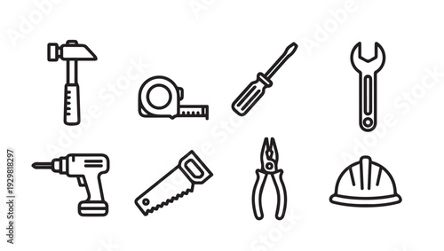 Collection of Hand Tools and Safety Gear IconsConstruction and DIY Vector Graphics