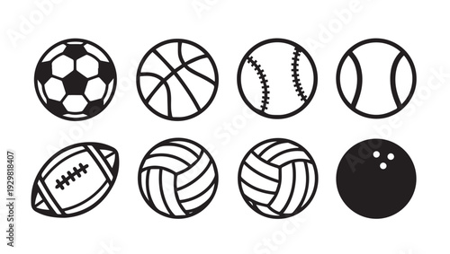 Collection of Popular Sports Balls Icons Isolated on White Simple Line Art