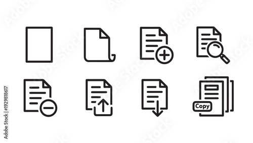 Document Icons Set: Add Search Delete Upload Download Copy Simple Paper Sheets