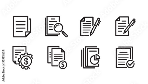 Document Icons Set: Analysis Writing Finance and TasksStock Vector