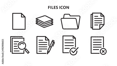 Document Icons Set: File Folder Search Edit Checkmark CancelVector Graphics