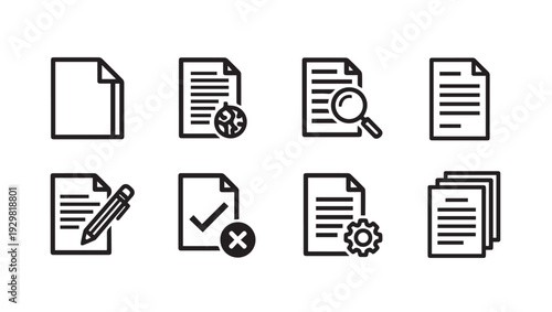 Document Icons Set: Writing Searching Approval Settings Stacked Papers