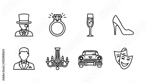 Elegant Icons Collection: Formal Wear Jewelry Transport and Celebration Symbols