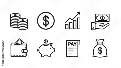Financial Icons Set: Coins Wallet Piggy Bank Growth Chart Payment Money Bag