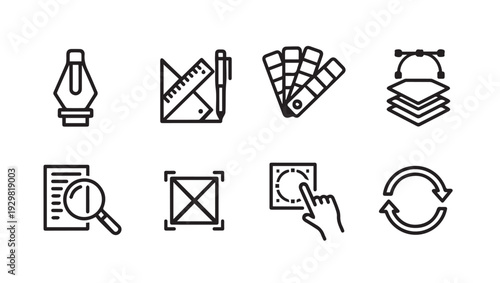 Graphic Design Tools Icons Set: Pen Nib Ruler Color Swatch Layers Magnifier Delete Click Refresh
