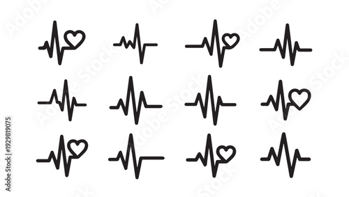 Heartbeat ECG Pulse Line Art Icons Collection Medical Cardiology Symbol Set