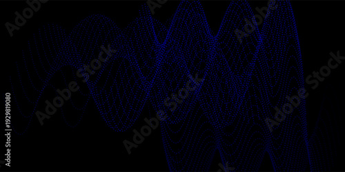 water wave shape on black background, Flowing dot particle light wave pattern, blue and black gradient halftone. Vector in technology, science, music, modern art.