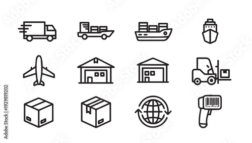Logistics Icons Set: Delivery Truck Airplane Ship Warehouse Forklift Package Globe Barcode Scanner