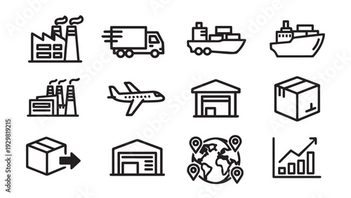 Logistics Icons Set: Factory Truck Ship Plane Warehouse Box Globe Graph