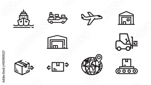 Logistics Icons: Shipping Air Cargo Warehouse Forklift Global Delivery Conveyor Belt Package Icons