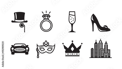 Luxury Icons Collection: Top Hat Ring Champagne Stiletto Car Mask Crown City