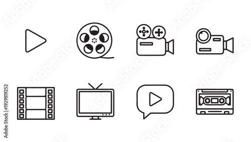 Media Icons: Play Button Film Reel Cameras TV Cassette Film StripLine Art