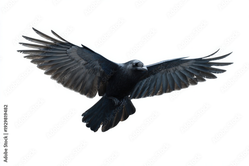 Naklejka premium Majestic black raven in flight with outstretched wings against white background
