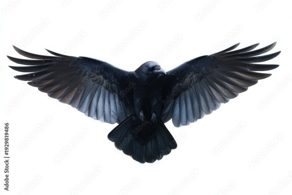 Naklejka premium Majestic black raven in flight with outstretched wings on white background