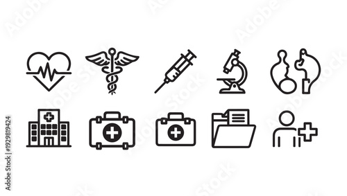Medical Icons Set Health Care Symbols Hospital Heartbeat Caduceus Syringe Microscope Stock