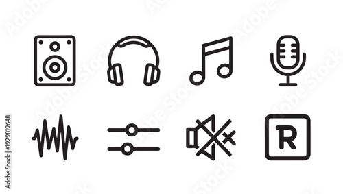Music and Audio Icons Set: Speaker Headphones Note Microphone Soundwave Controls Mute Record