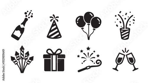 Party Icons Collection: Celebration Elements Gifts Fireworks Champagne Balloons Hats Party Blowers
