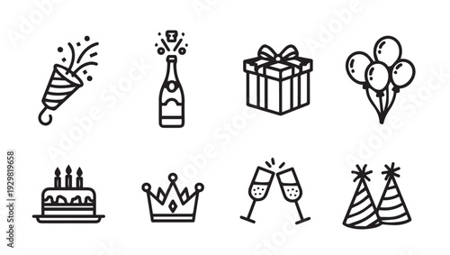 Party Icons Set: Confetti Champagne Gift Balloons Cake Crown Cheers Hats
