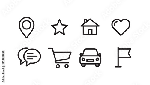 Set of 8 outline icons: map marker star house heart chat cart car flag. Minimalist design
