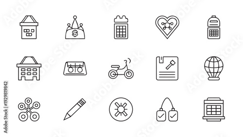 Set of 15 Simple Line Icons: House Purse Calendar Heart Cellphone Shopping Cart Bike Document Globe Drone Pencil Snowflake Checks Grid
