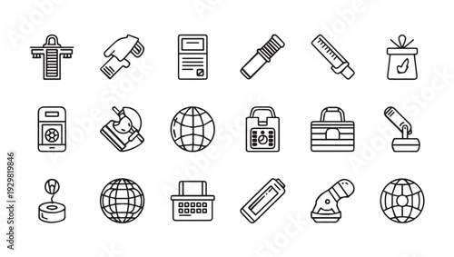 Set of 18 thin line icons representing technology business and science concepts on white background