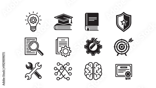Set of business and technology icons: idea education book shield search gears target tools network brain certificate