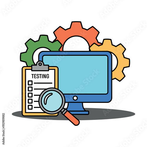 A computer monitor with a clipboard and magnifying glass for software testing