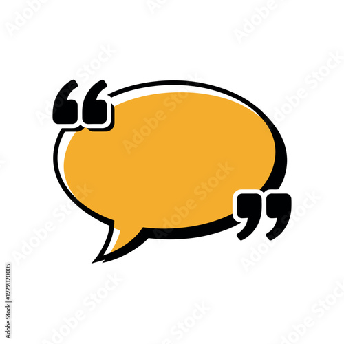A vibrant orange speech bubble with black quotation marks on a white background