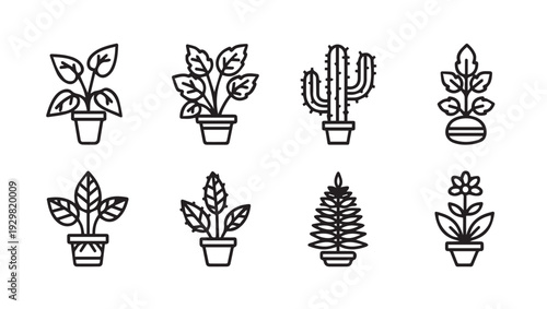 Set of potted plant icons line art various green plants in pots isolated on white background