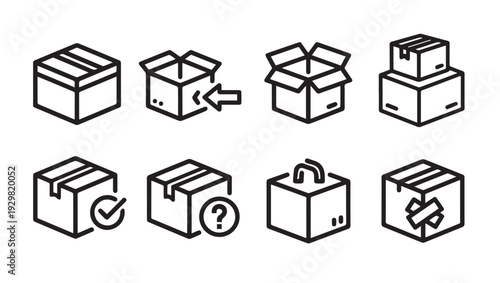 Shipping Boxes Icons Set: Open Closed Stacked With Handle Checkmark Question Mark TapeLine Art