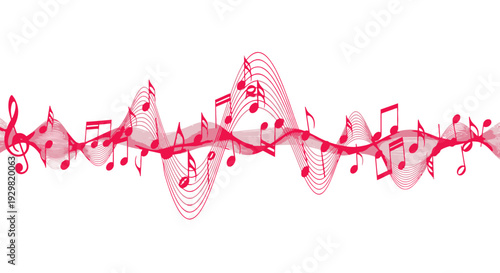 red musical notes and sound wave on white background
