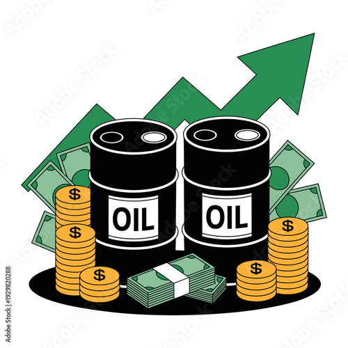 An illustration of oil barrels with money and a rising green arrow