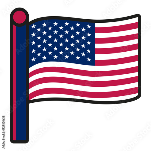 A United States flag icon, red and white stripes, blue field with stars, symbol of freedom and independence. Patriotic illustration, isolated on white background