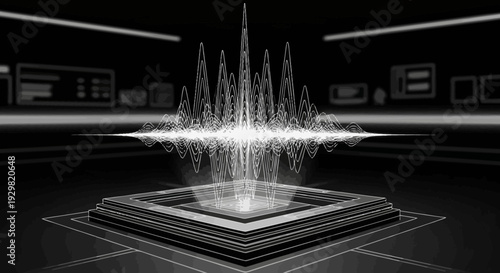 Abstract glowing energy wave emanating from square platform.