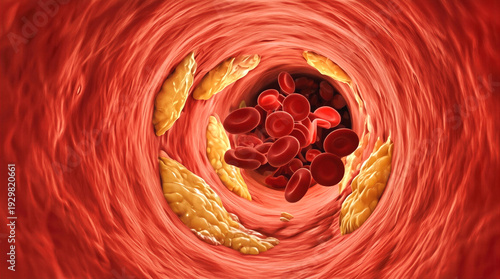 Arterial plaque narrowing a blood vessel with red blood cells flowing through. Medical illustration of atherosclerosis and high cholesterol levels.