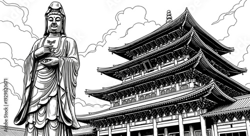 Ancient Buddhist Statue and Traditional Temple in Detailed Ink Drawing.