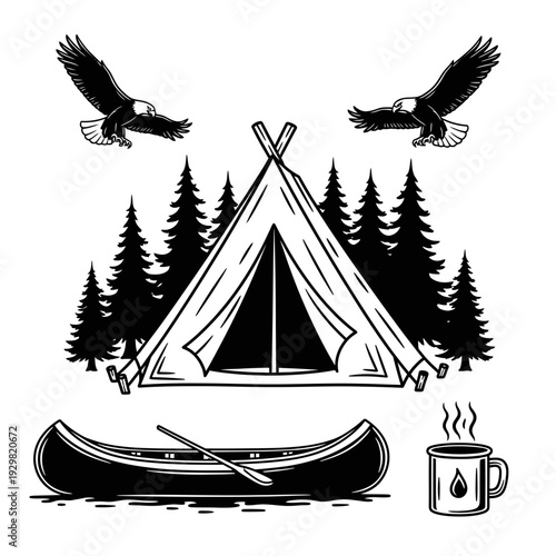 Camping Adventure with Tent, Canoe, Eagles, and Coffee.