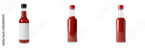 Set of Hot Chili Sauce Glass Bottles with Blank Labels and Transparent Background PNG