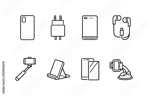 Smartphone accessories: smartphone case, charger, power bank, earphones, selfie stick, phone stand, screen protector, car mount