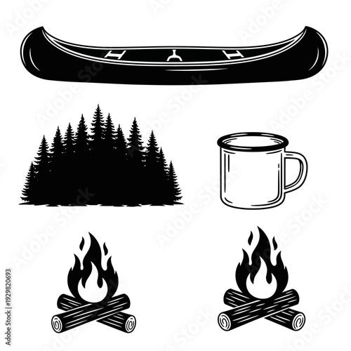 Camping and outdoor adventure elements with canoe forest campfire and mug.