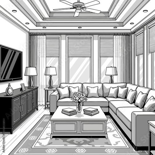 Cozy living room interior with comfortable sectional sofa and modern decor.