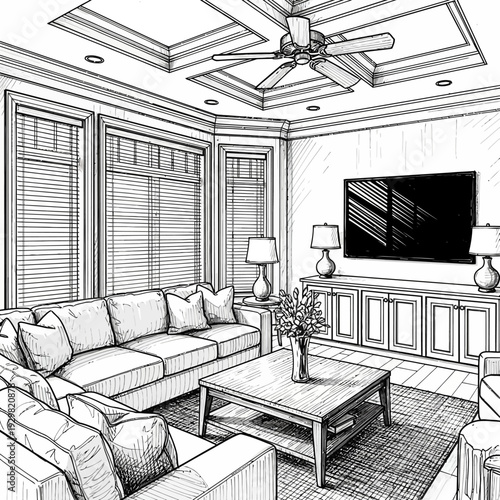 Detailed Sketch of a Modern Living Room Interior Design.